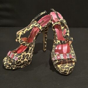 Betsey Johnson Leopard Print High Heels with Pink Accents And 6 Inch Heel